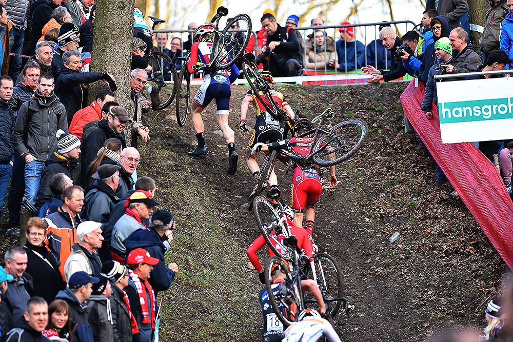Riders tackle the run-up in Namur.