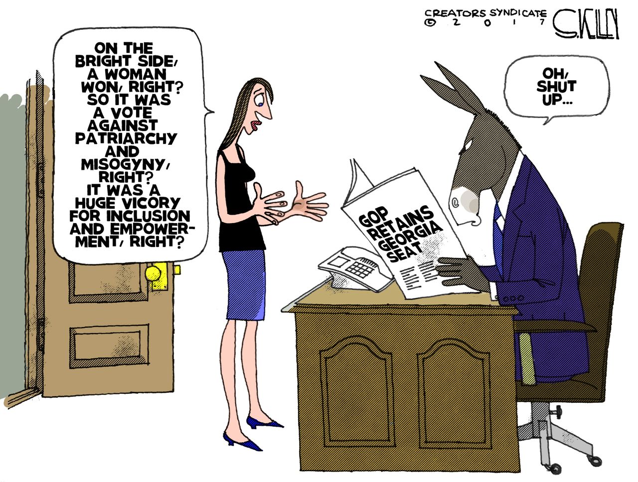 Political cartoon U.S. Democrats Georgia election loss women empowerment