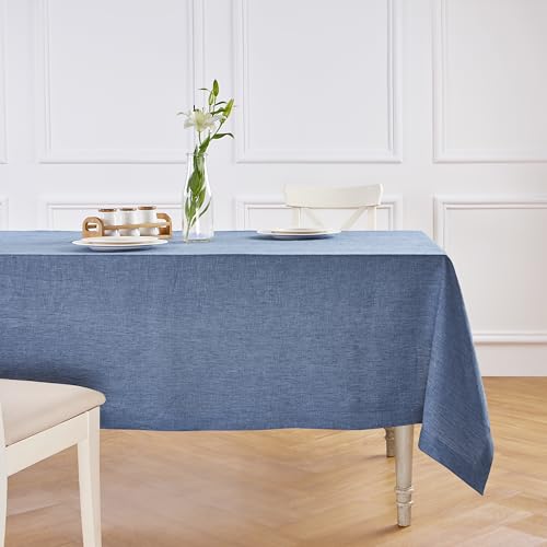 Solino Home Linen Tablecloth 60 X 90 Inch - 100% Pure Linen Blue Denim Table Cloth for Rectangular Tables - Athena, Machine Washable Cloth Tablecloth for 4th of July, Summer