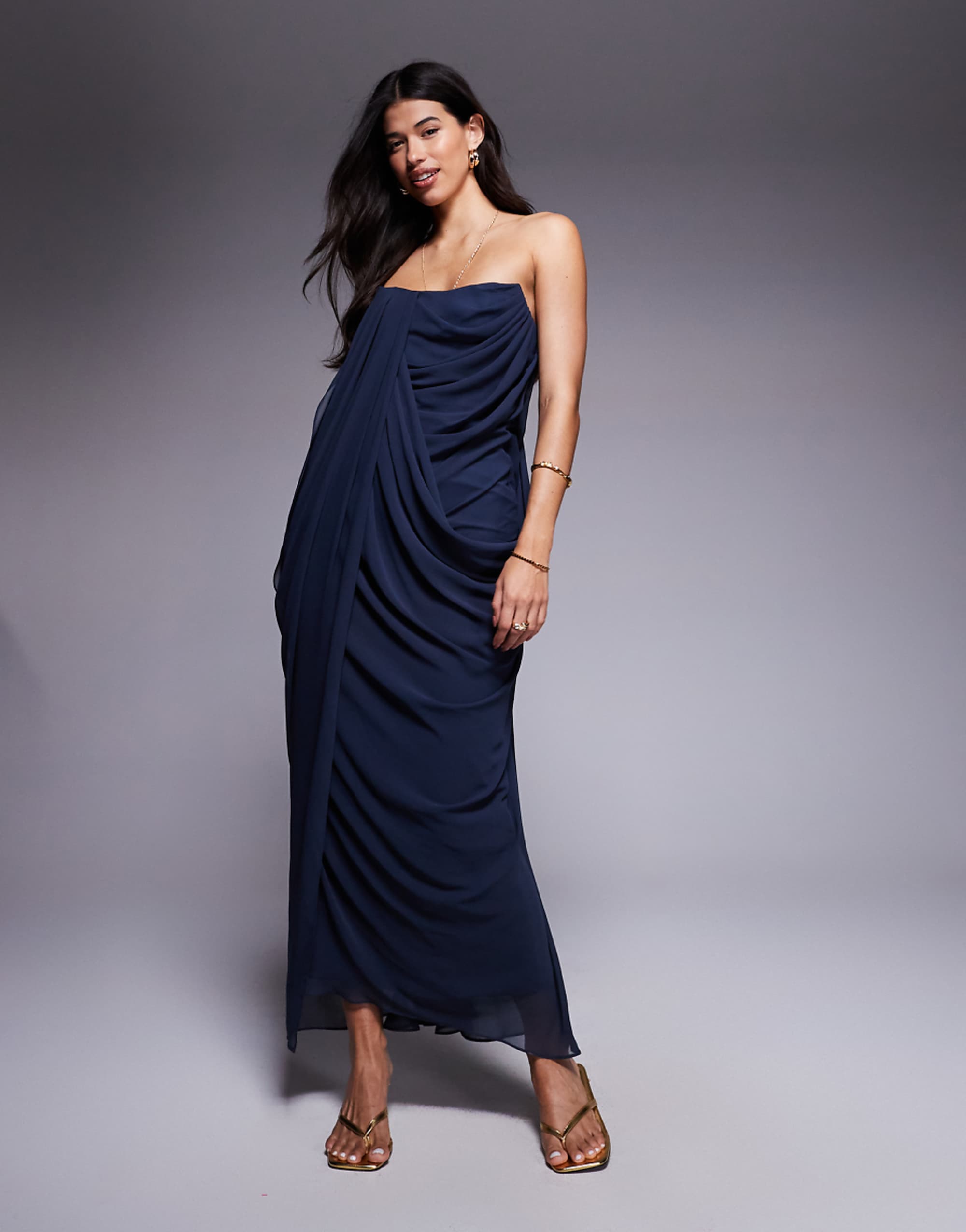 Asos Design Bandeau Draped Midaxi Dress in Ink Blue