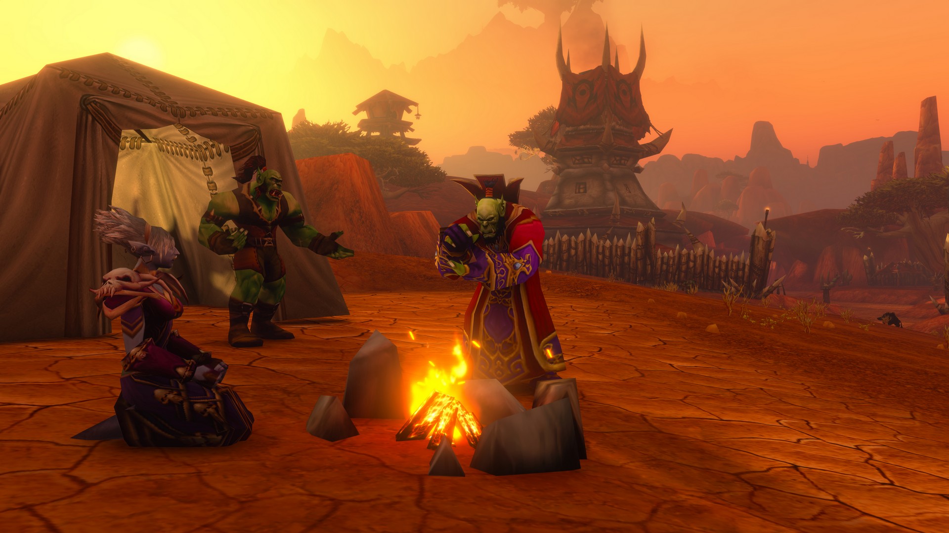 Players gather around a campfire in World of Warcraft: Forever in a desert location