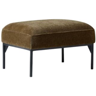 West Elm Penn Ottoman in olive chenille fabric with black metal legs