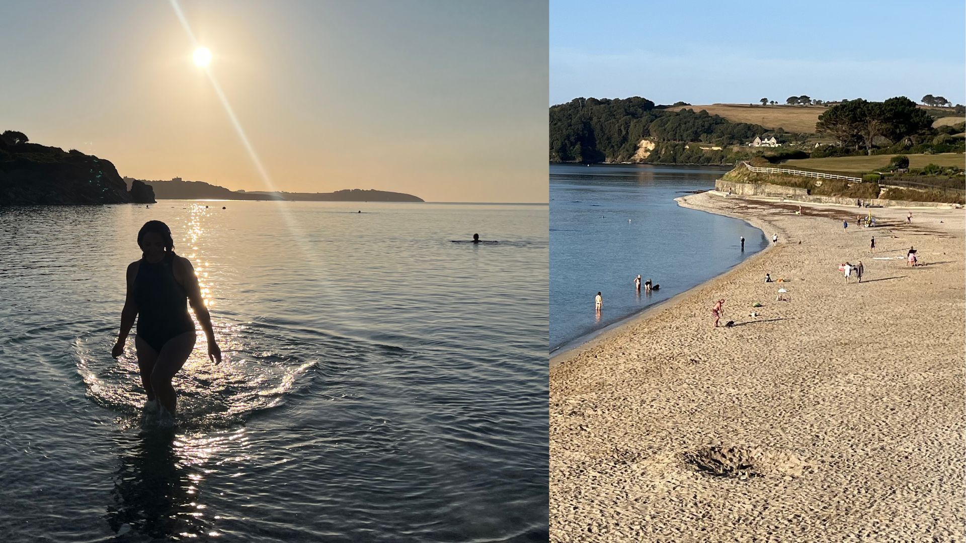 Susan Griffin stepping out of the sea after morning swim, beach with other swimmers