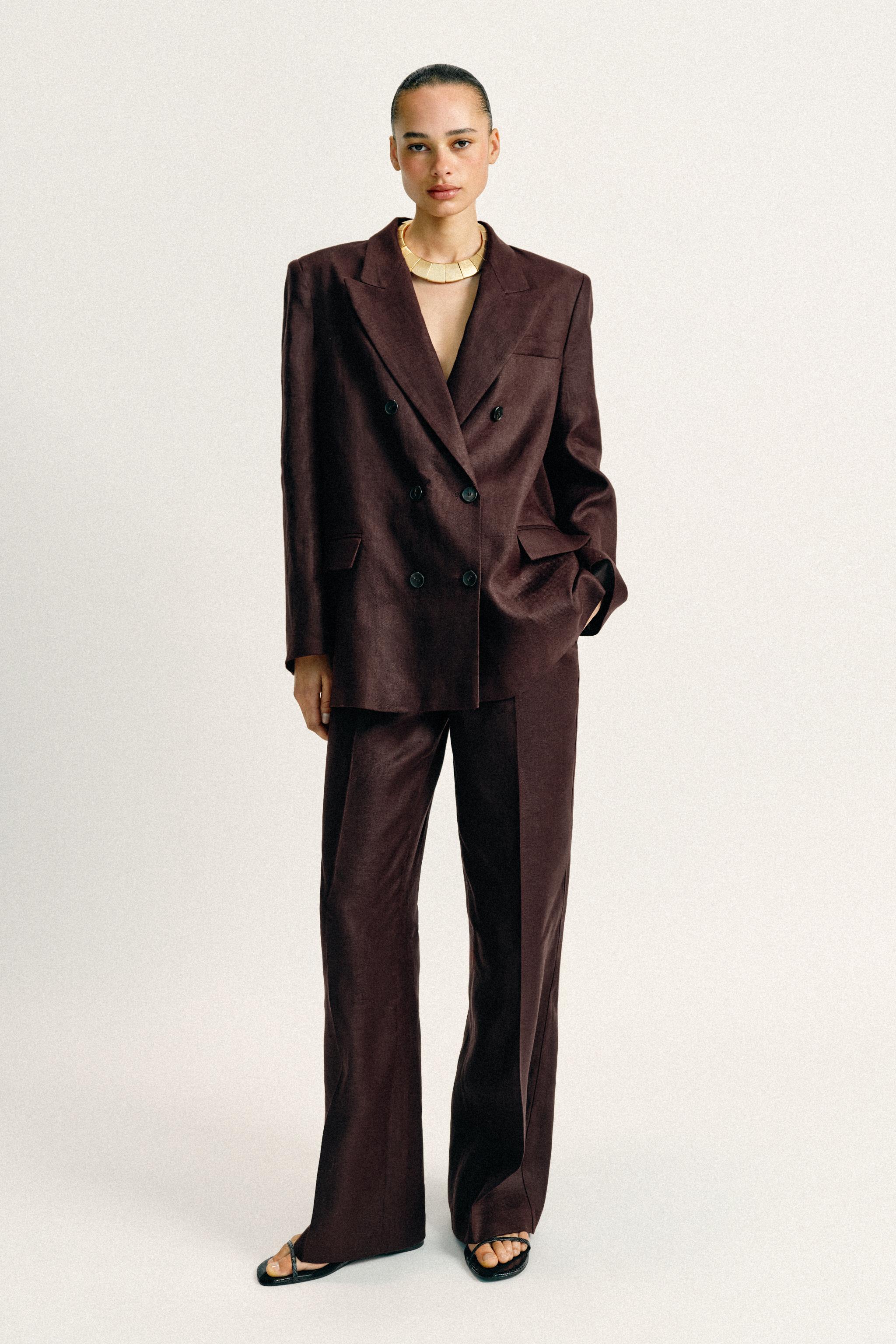 Double-Breasted 100% Linen Blazer With Shoulder Pads