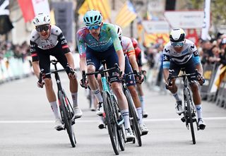 MONSERRAT SPAIN MARCH 27 LR Marc Soler of Spain and UAE Team Emirates and Wouter Poels of Netherlands and Team XDS Astana crosses the finish line during the 104th Volta Ciclista a Catalunya 2025 Stage 4 a 1887km stage from Sant Vicenc de Castellet to Montserrat Millenari 725m UCIWT on March 27 2025 in Montserrat Spain Photo by Szymon GruchalskiGetty Images