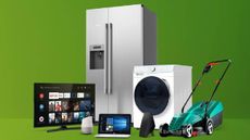 A fridge freezer, washing machine, tv, laptop, and lawn mower from ao.