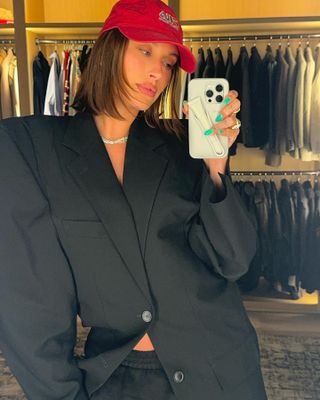 Hailey Bieber in an oversized blazer and no pants Instagram April 2024