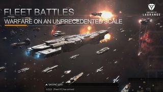 Numerous space battleships, large and small, fly from the left to the right of this image. THere are explosions toward the right side, showing off the scale of the interstellar battles that await. Text overlaying this reads, “Fleet battles. Warfare on an unprecedented scale.”