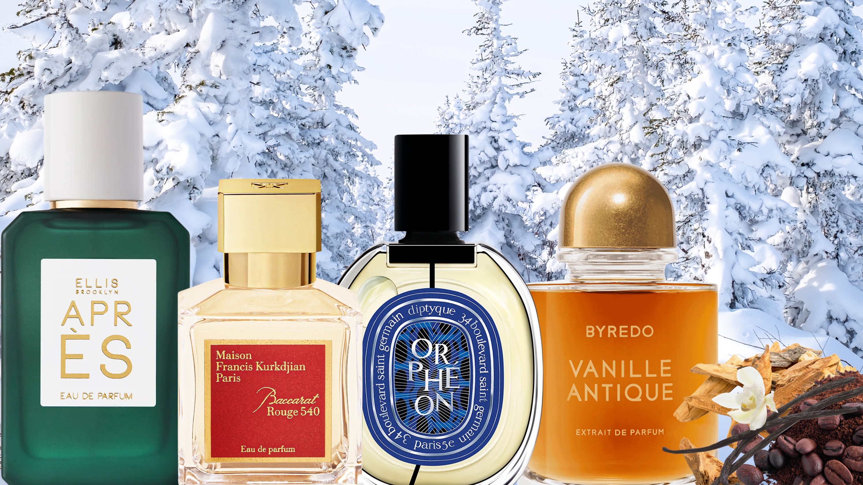 a handful of perfume bottles and perfume ingredients like vanilla against a snowy backdrop