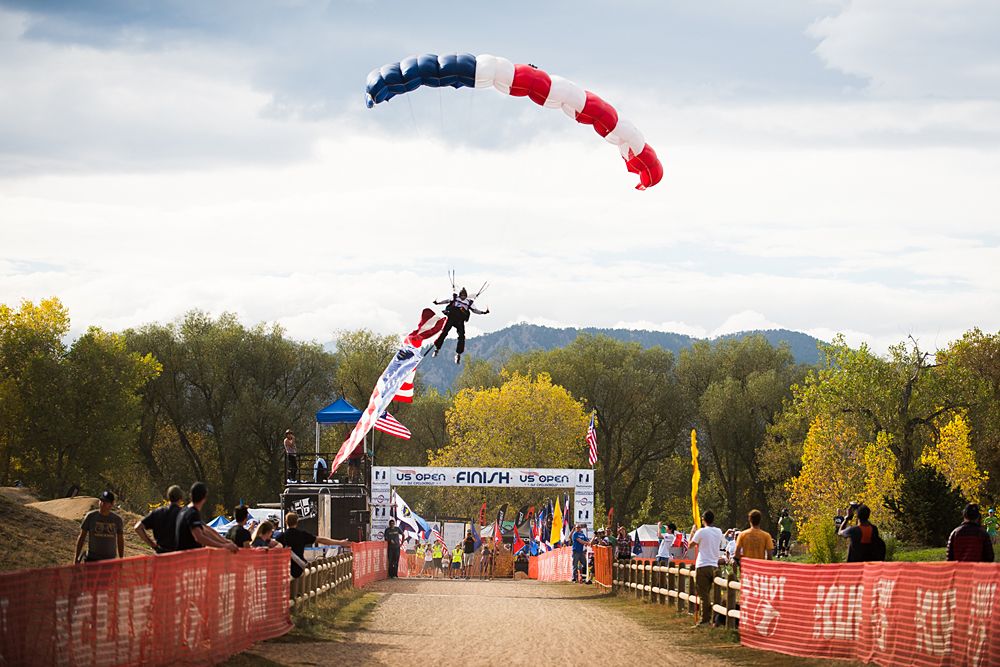 The Stars and Stripes dropped in before the start of the elite women's race.