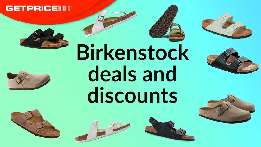 Green and blue background with red GetPrice logo on top left corner with black text that says Birkenstock deals and discounts with scattered images of different styles of Birkenstocks around it
