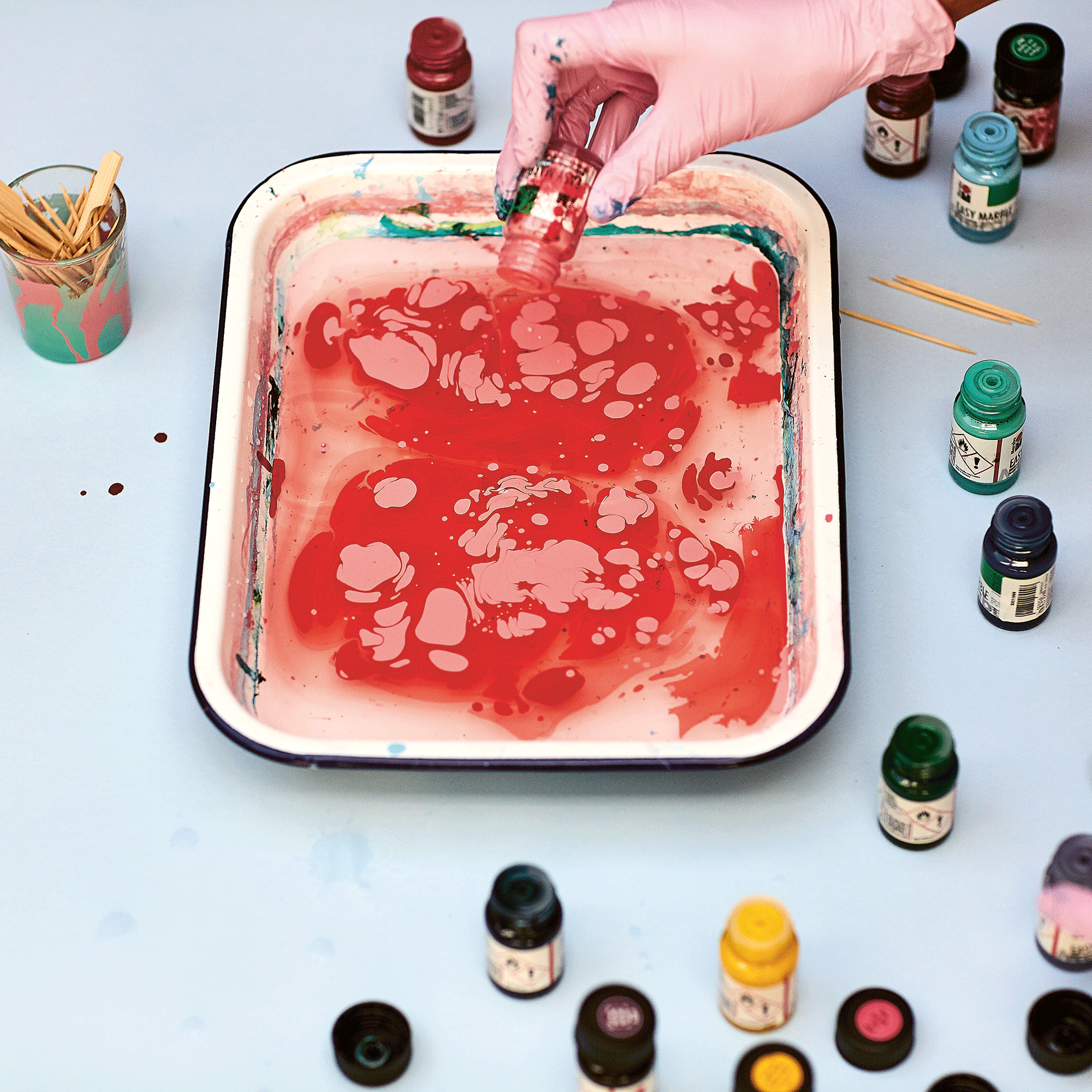 Pink inks in a water bath