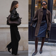 a collage of black turtleneck outfits worn by two french women, on the left one woman is showing how to wear a black turtleneck by styling the sweater with a black leather blazer, black trousers, brown slingback heels and a brown bag while on the right a woman is wearing a black mock neck knit with a brown coat, black belt, denim skirt, and black heels