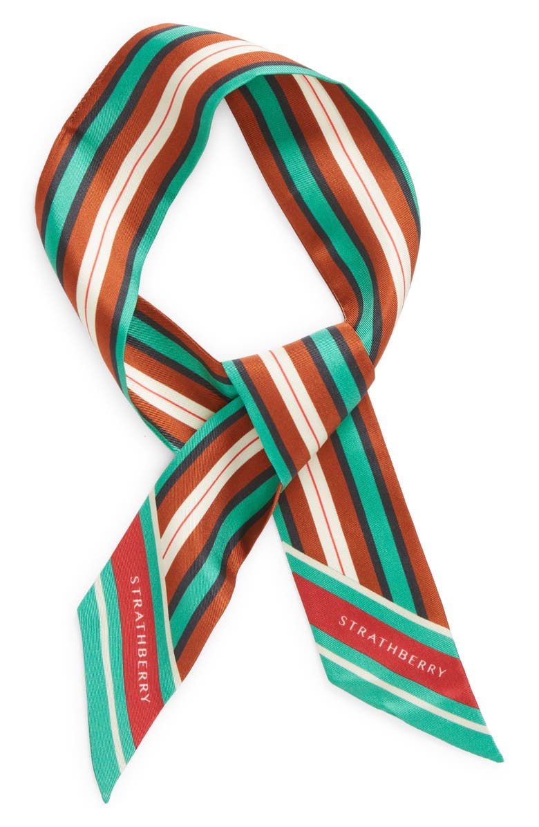 a striped scarf with red, green, navy, white, and red stripes