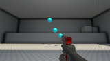 A screenshot of Aimlabs, showing a gun pointing at blue orbs