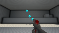 A screenshot of Aimlabs, showing a gun pointing at blue orbs