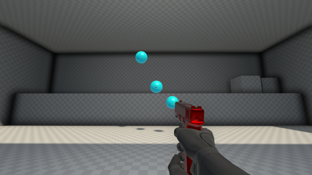 A screenshot of Aimlabs, showing a gun pointing at blue orbs