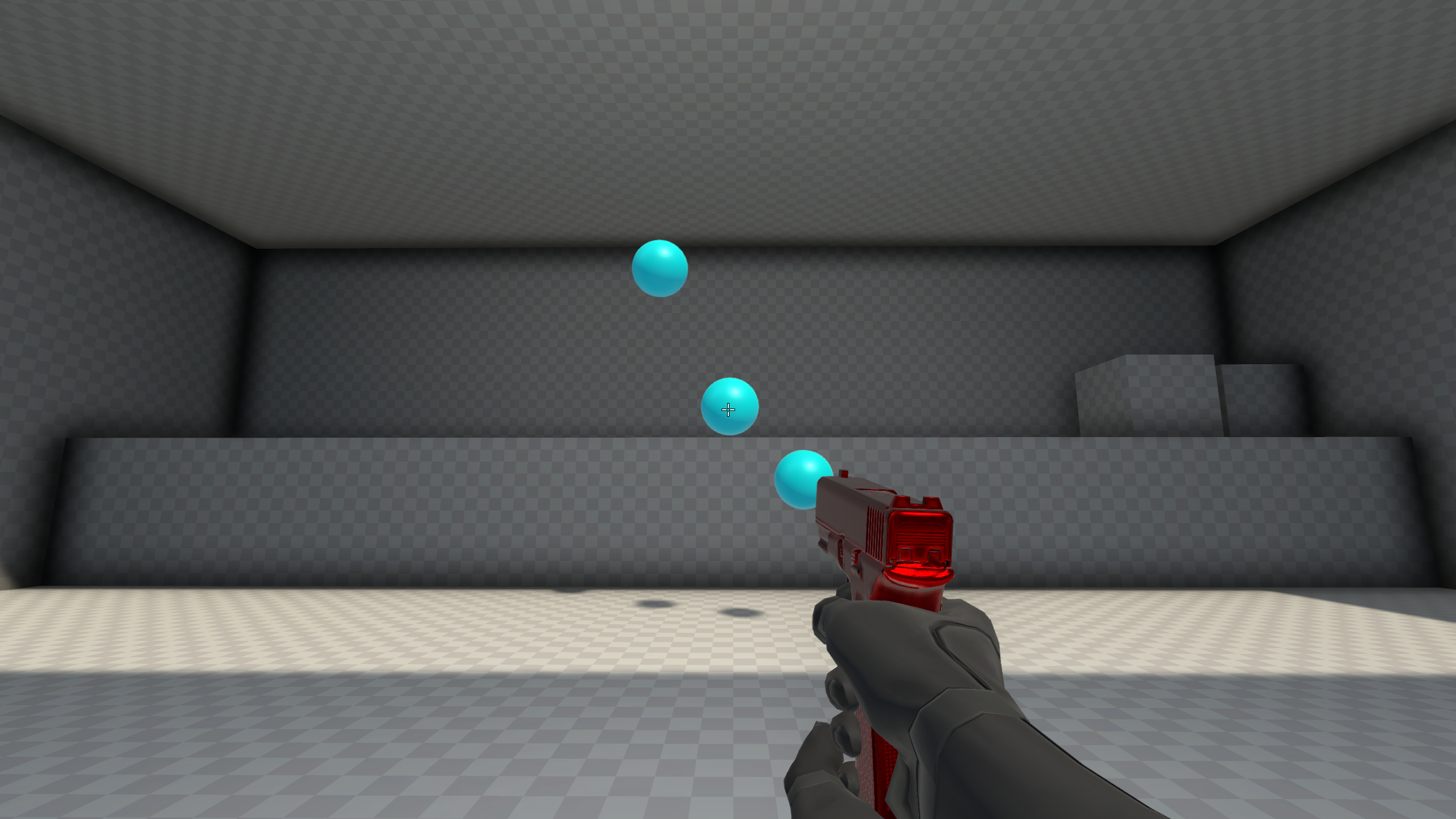 A screenshot of Aimlabs, showing a gun pointing at blue orbs