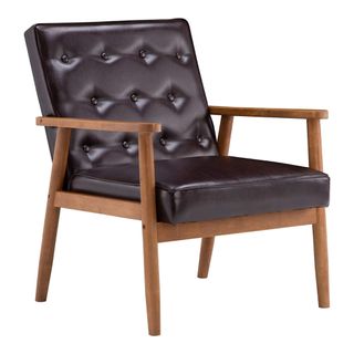 A brown leather armchair with wooden arms and legs