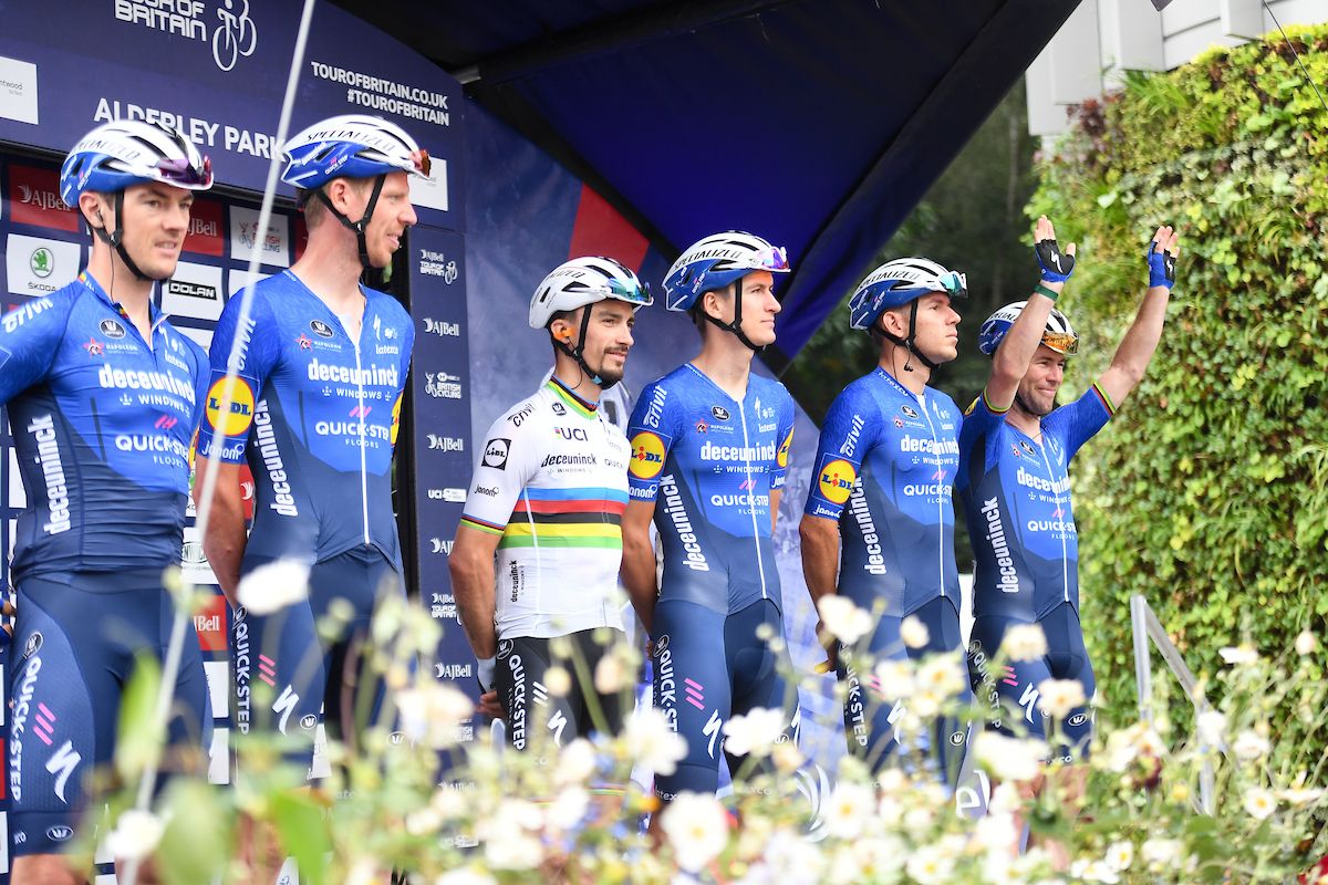Picture by SWpix.com - 09/09/2021 - Cycling - AJ Bell Tour of Britain Stage 5 - Alderley Park to Warrington, England - Deceuninck Quick-Step riders Mark Cavendish, Julian Alaphilippe, Davide Ballerini, Tim Declercq, Mikkel Honor&Atilde;&copy;, Yves Lampaert