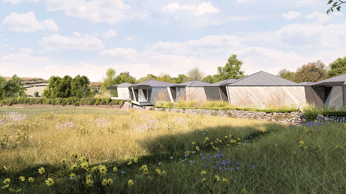 A preliminary view of Kea house shows a one-storey house in a garden field with surrounding meadows