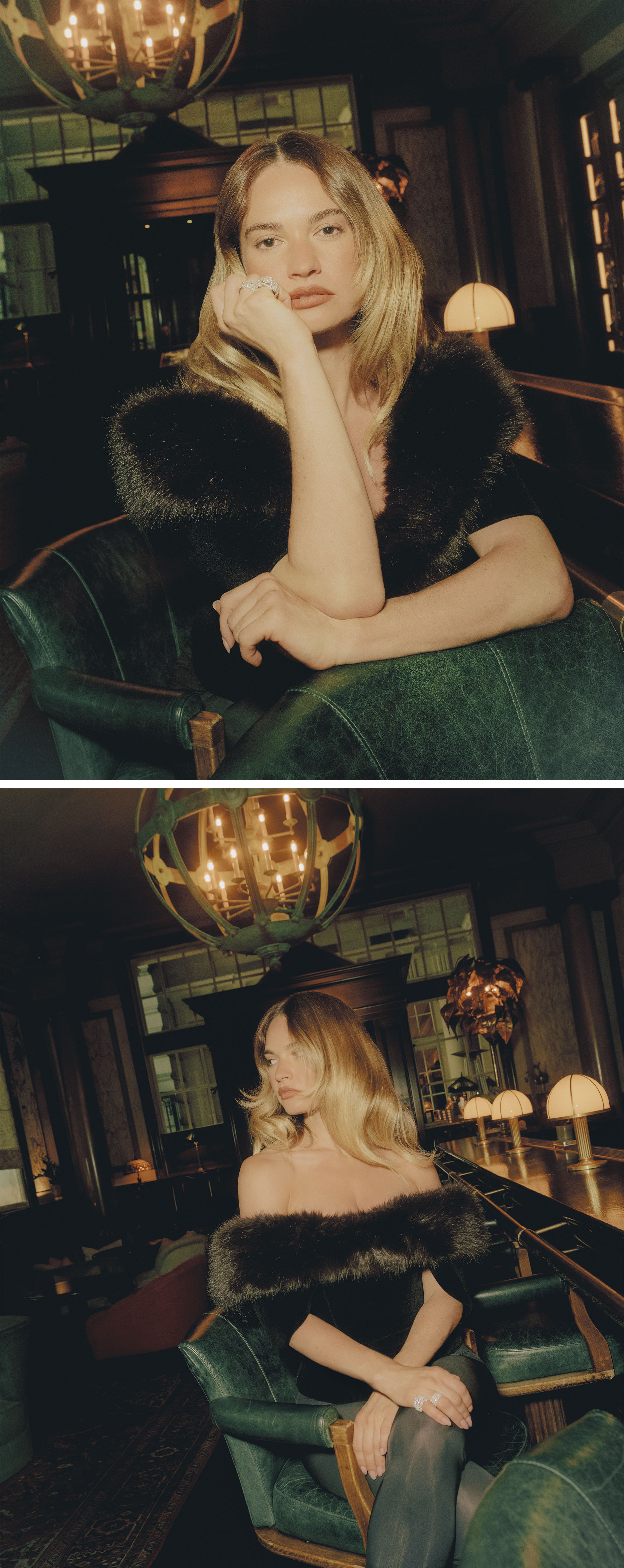 Photos of Lily James from the Who What Wear August cover story. She is sitting in a dark hotel bar wearing an off-the-shoulder top with faux fur detailing and black pants.