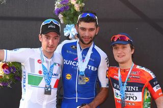 Elia Viviani (Italy), Fernando Gaviria (QuickStep Floors), and Nicolas Marini (Nippo Vini Fantini)
