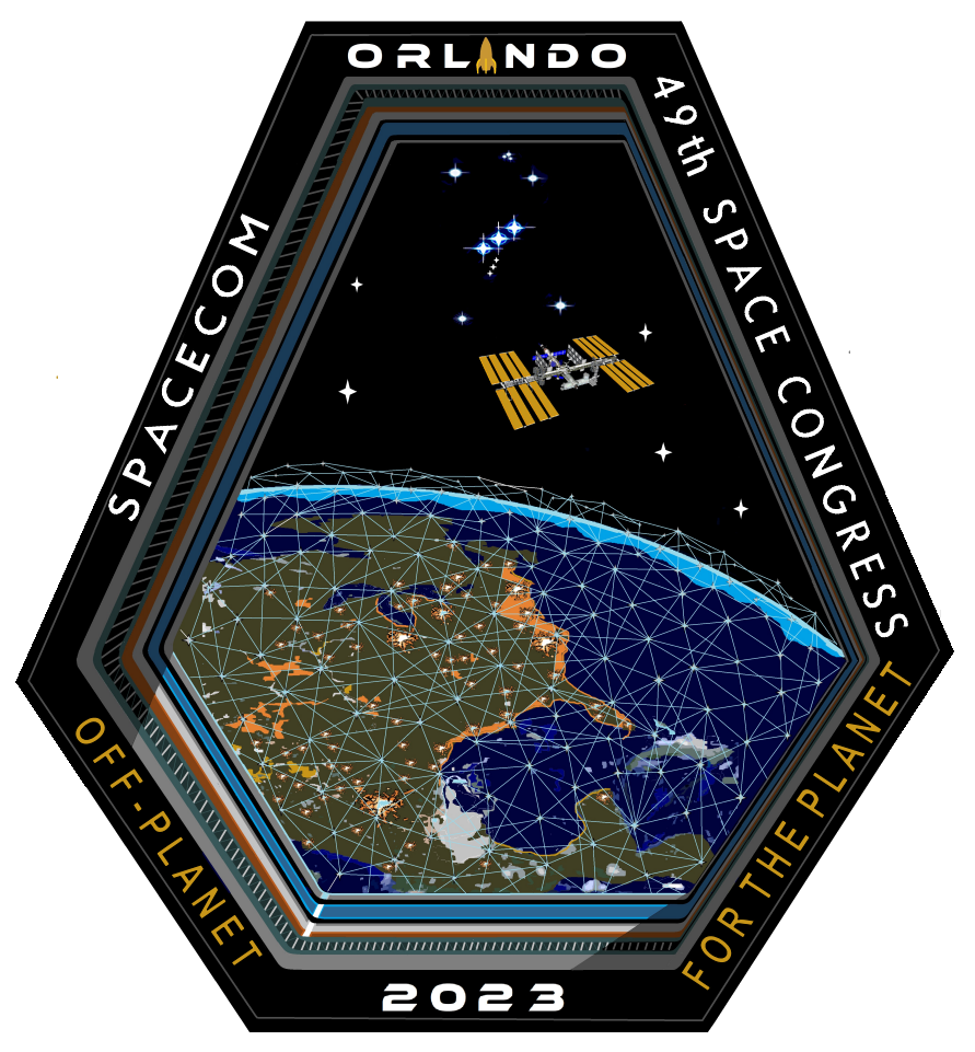 a mission patch showing a spacecraft above earth