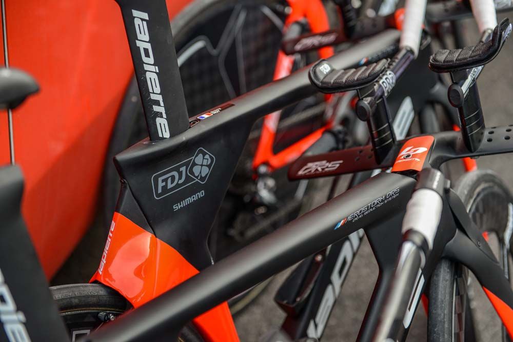 The FDJ team issue Lapierre Aerostorm DRS bikes await the riders