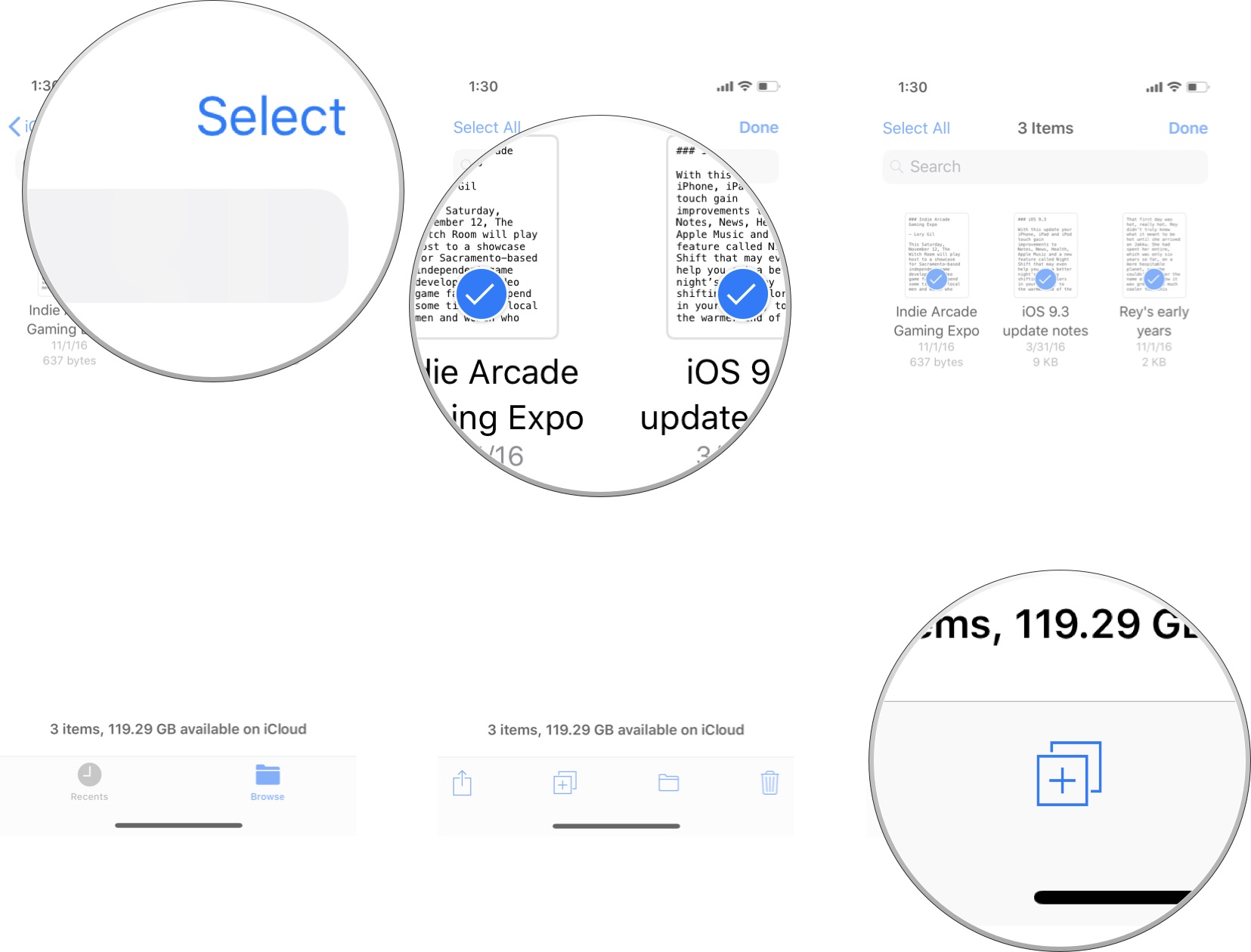 tap on Select, then select files, then tap the Copy icon