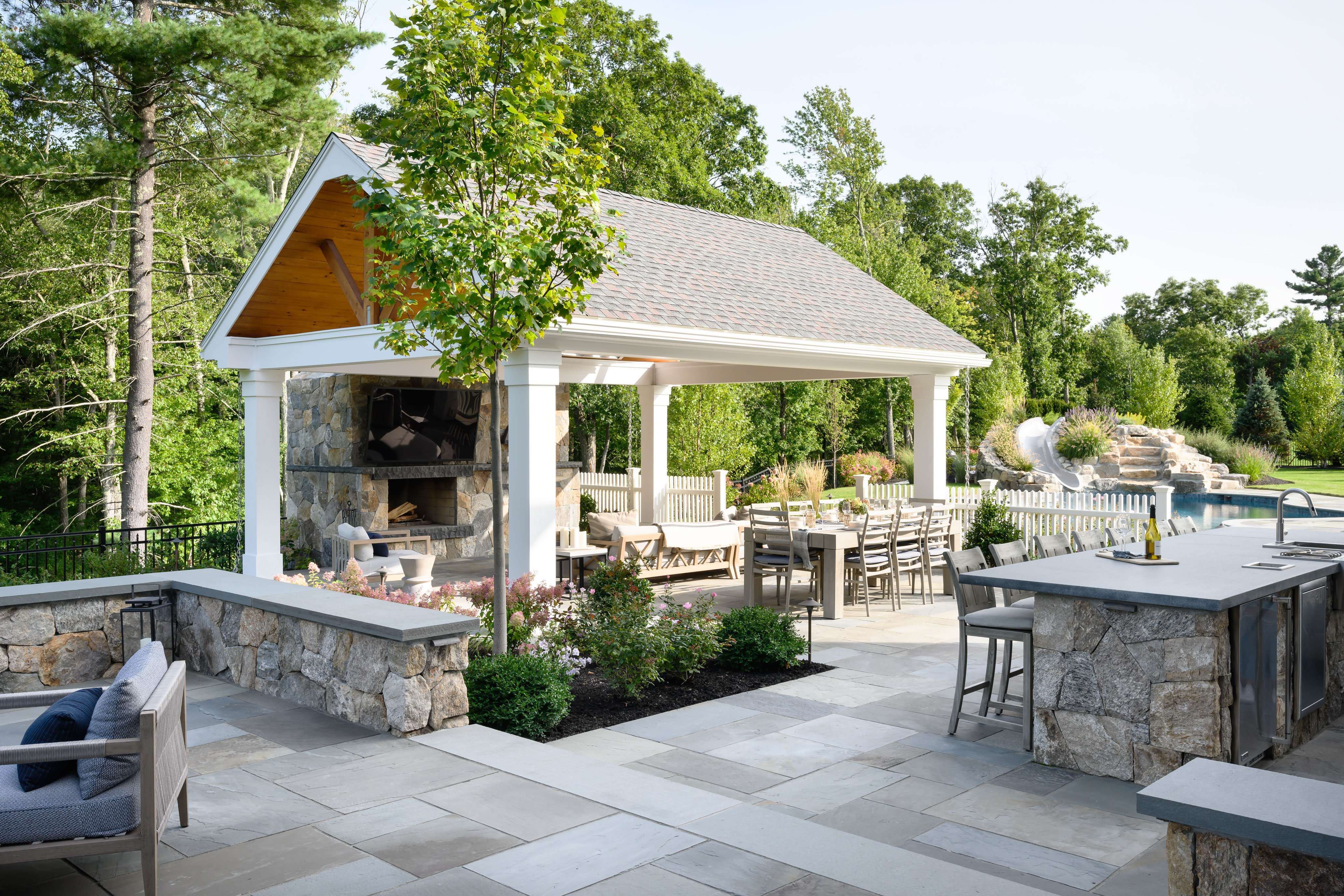 outdoor dining area under a roof