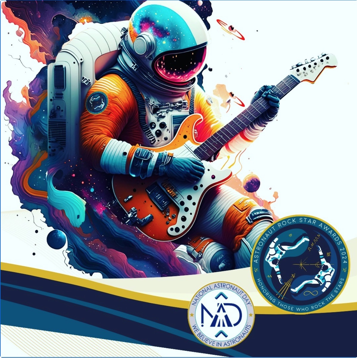 A colorful astronaut plays an electric guitar