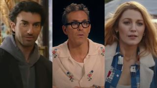 From left to right: Justin Baldoni as Ryle pointing in It Ends With Us, Ryan Reynolds looking sort of shocked in his interview for It Ends With Us, and Blake Lively as Lily walking in It Ends With Us.