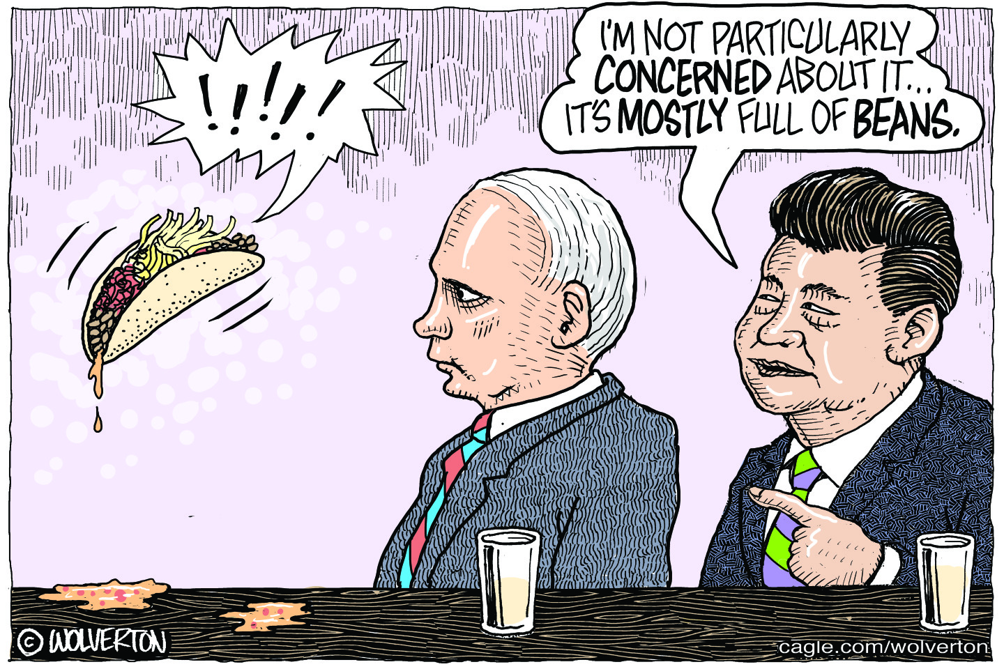 This political cartoon depicts Vladimir Putin and Xi Jinping looking at a floating hard-shell taco that says only “!!!!!” Xi says to Putin, “I’m not particularly concerned about it. It’s mostly full of beans.”
