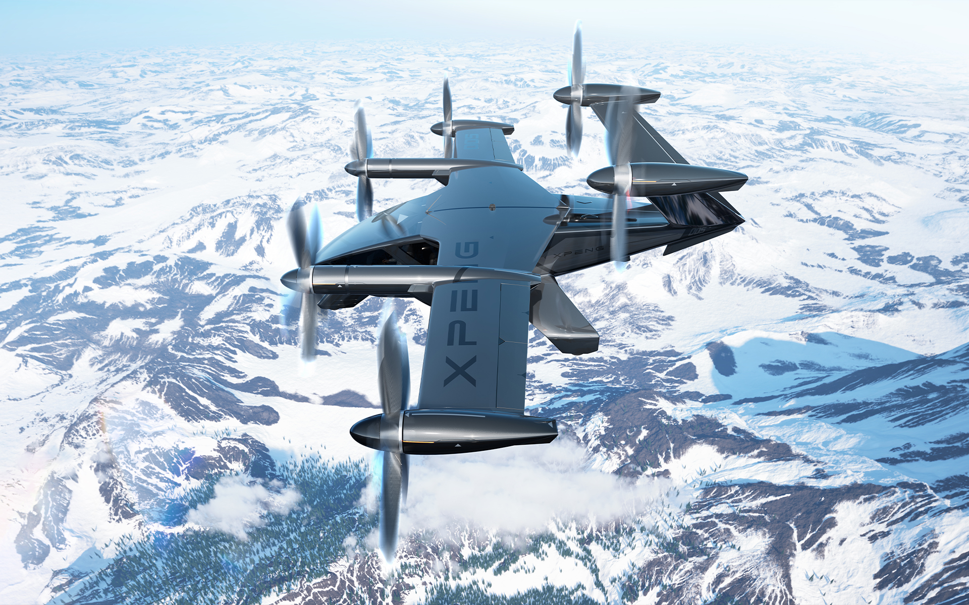 The Xpeng A868 flying car shown flying above a snowy mountain range.