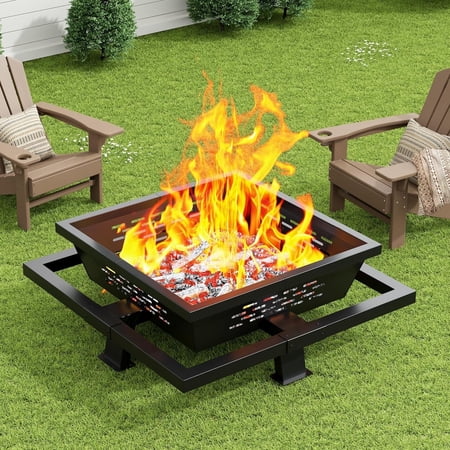 Auhilence 36" Fire Pit for Outside, Square Outdoor Wood Burning Firepit With Poker for Camping, Backyard, Patio, Black
