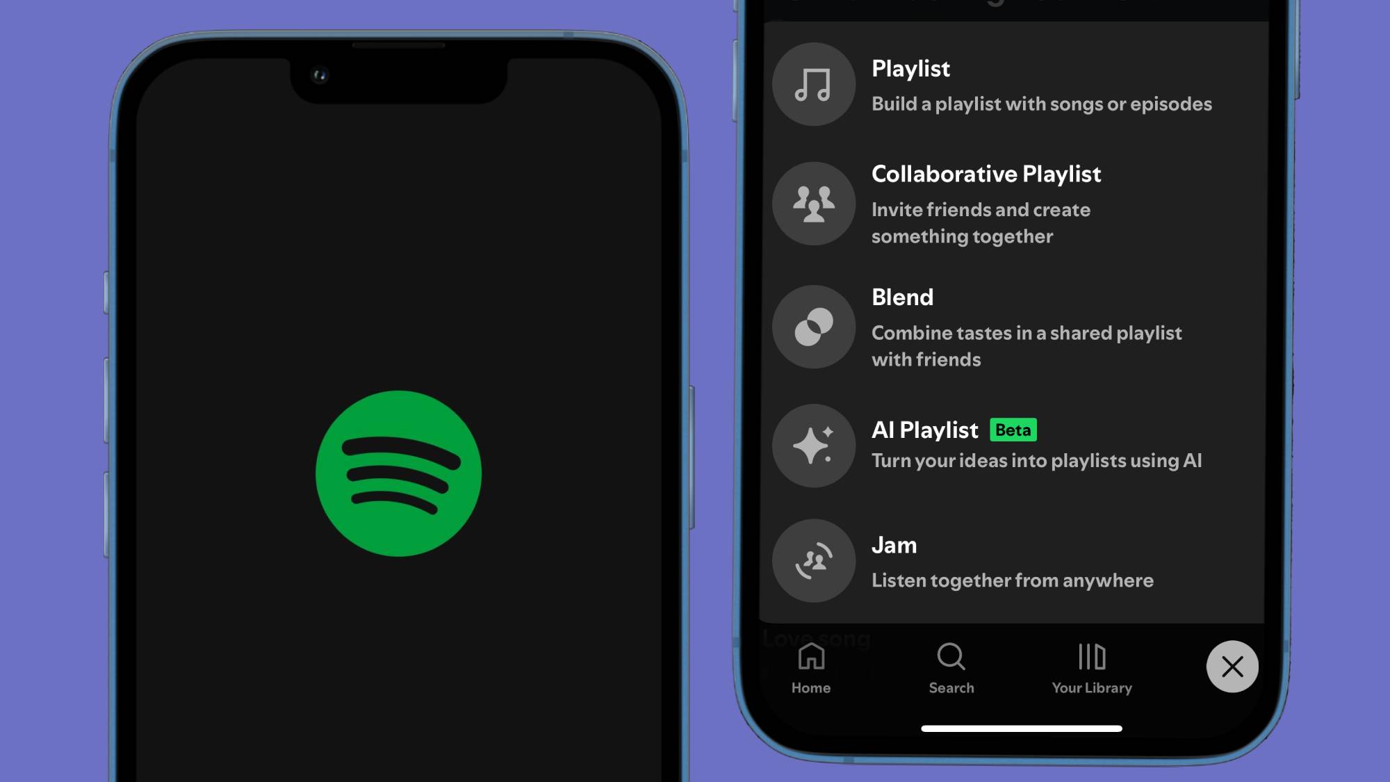 A screenshot of the Spotify logo next to a list of playlist creation options