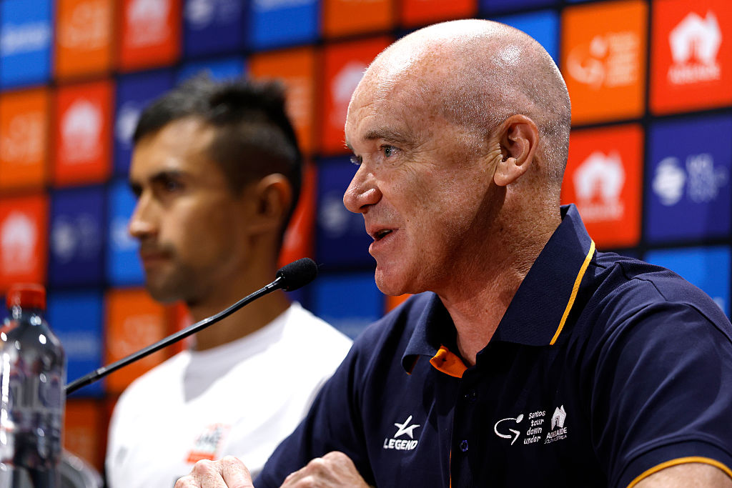 ADELAIDE, AUSTRALIA - JANUARY 20: Race Director for the Santos Tour Down Under - Stuart O&amp;apos;Grady of Australia during the Press Conference prior to the 26th Santos Tour Down Under 2026 - Prologue a 3.6km individual time trial stage from Adelaide to Adelaide / #UCIWT / on January 20, 2026 in Adelaide, Australia. (Photo by Con Chronis/Getty Images)