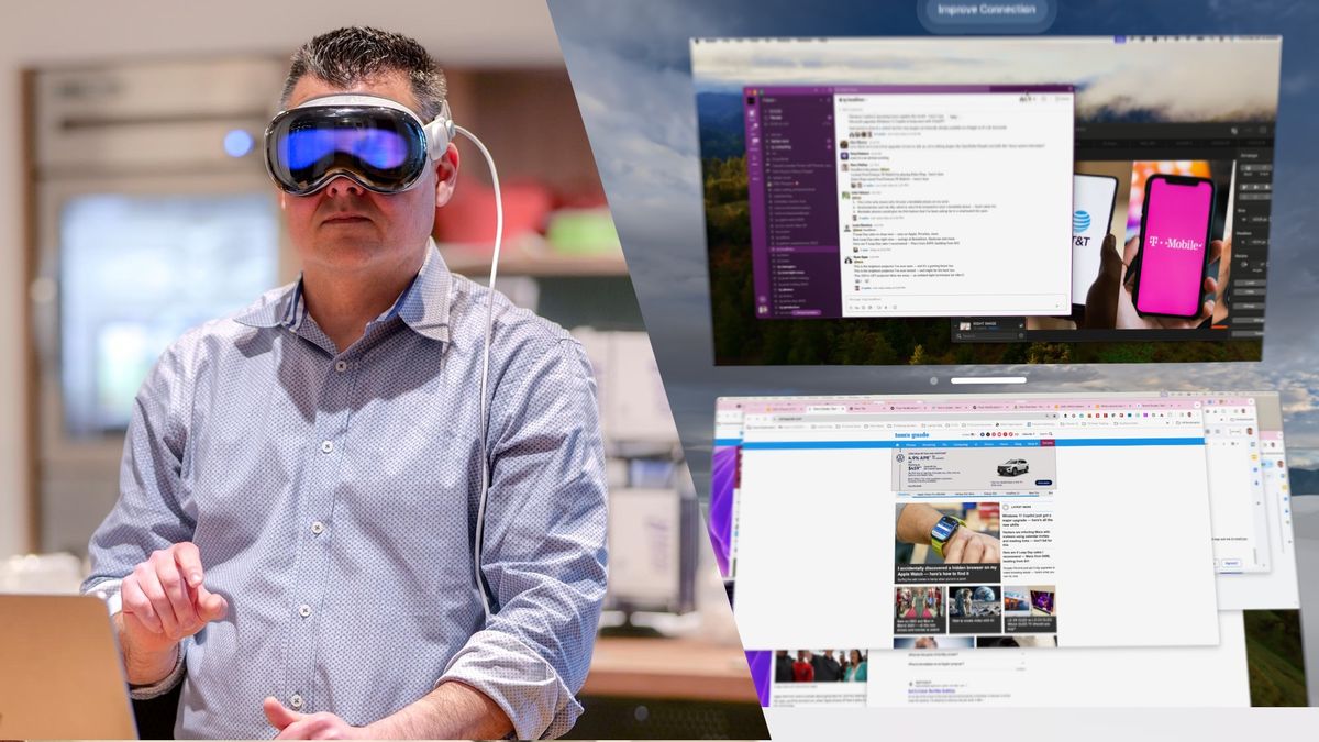 man wearing Apple Vision Pro next to screenshot of Splitscreen Vision Pro app