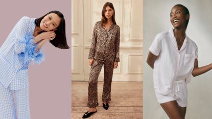 composite of models wearing the best pajamas for women from Sleeper, Yolke, White Company