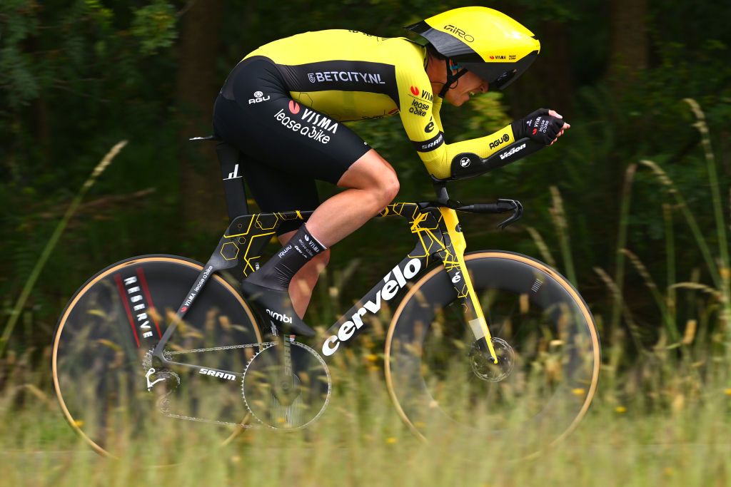 TURNHOUT BELGIUM JUNE 12 Edoardo Affini of Italy and Team Team Visma Lease a Bike sprints during the 93rd Baloise Belgium Tour 2024 Stage 1 a 12km individual time trial stage from Beringen to Beringen on June 12 2024 in Beringen Belgium Photo by Luc ClaessenGetty Images