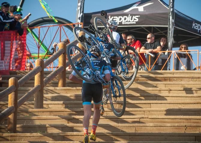 Summerhill (K-Edge), Berden (Raleigh Clement) and Driscoll (Raleigh Clement) make their way up The 5280 Run-Up. Boulder Cup.