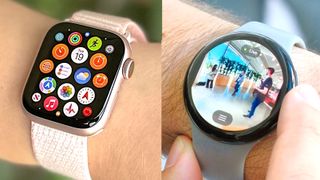 Apple Watch 9 and Pixel Watch 3 on a wrist next to eachother