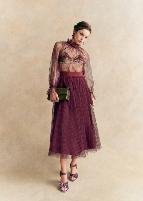 Masha Skirt - Burgundy Plumetis - Polyester - Sézane