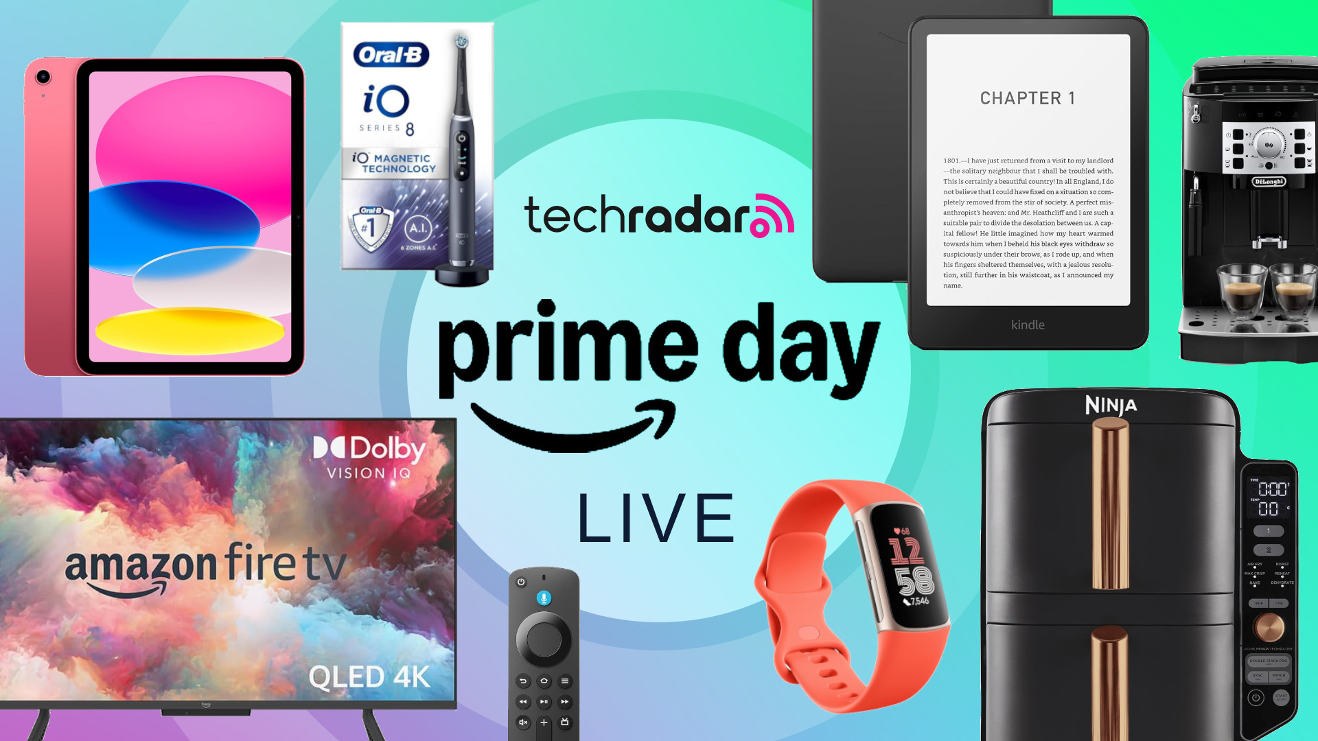 Collage of tech on sale in this year&#039;s Amazon Prime Day, including Kindle, Fire TV, iPad, coffee machine, electric toothbrush, Fitbit and Ninja air fryer