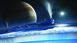 Illustration of Europa's surface and water under it's ice crust, with the Europa clipper flying ahead and Jupiter in the background.