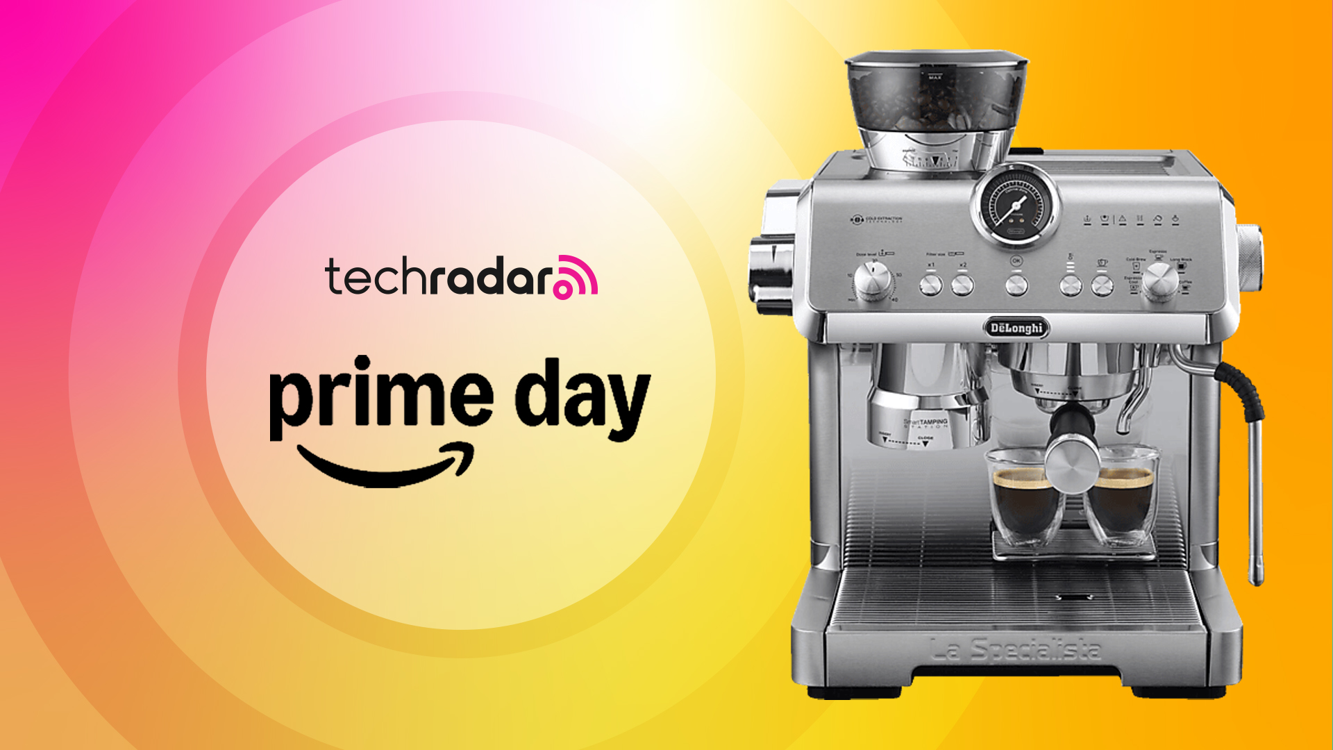 De&#039;Longhi La Specialista coffee maker on yellow and pink background with text reading &#039;TechRadar Prime Day&#039;