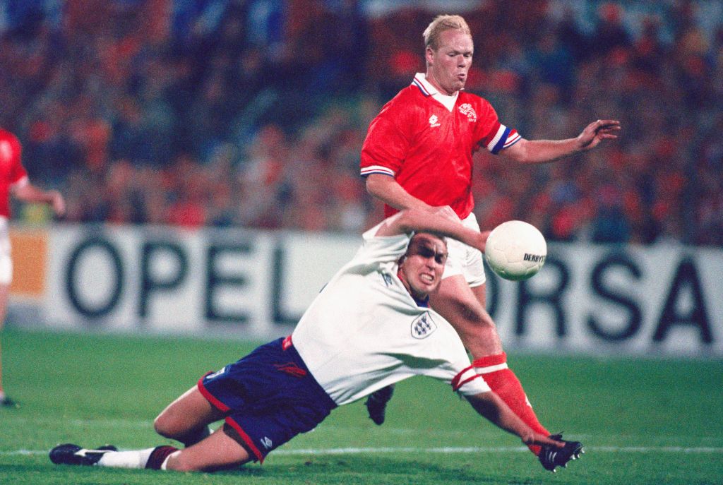 13 October 1993 Rotterdam, World Cup Qualifying match, Netherlands v England, Ronald Koeman scores a goal from a free kick. (Photo by Mark Leech/Offside via Getty Images)