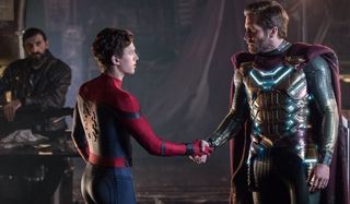 Spider-Man: Far From Home Peter shakes hands with Quentin in the S.H.I.E.L.D. workshop