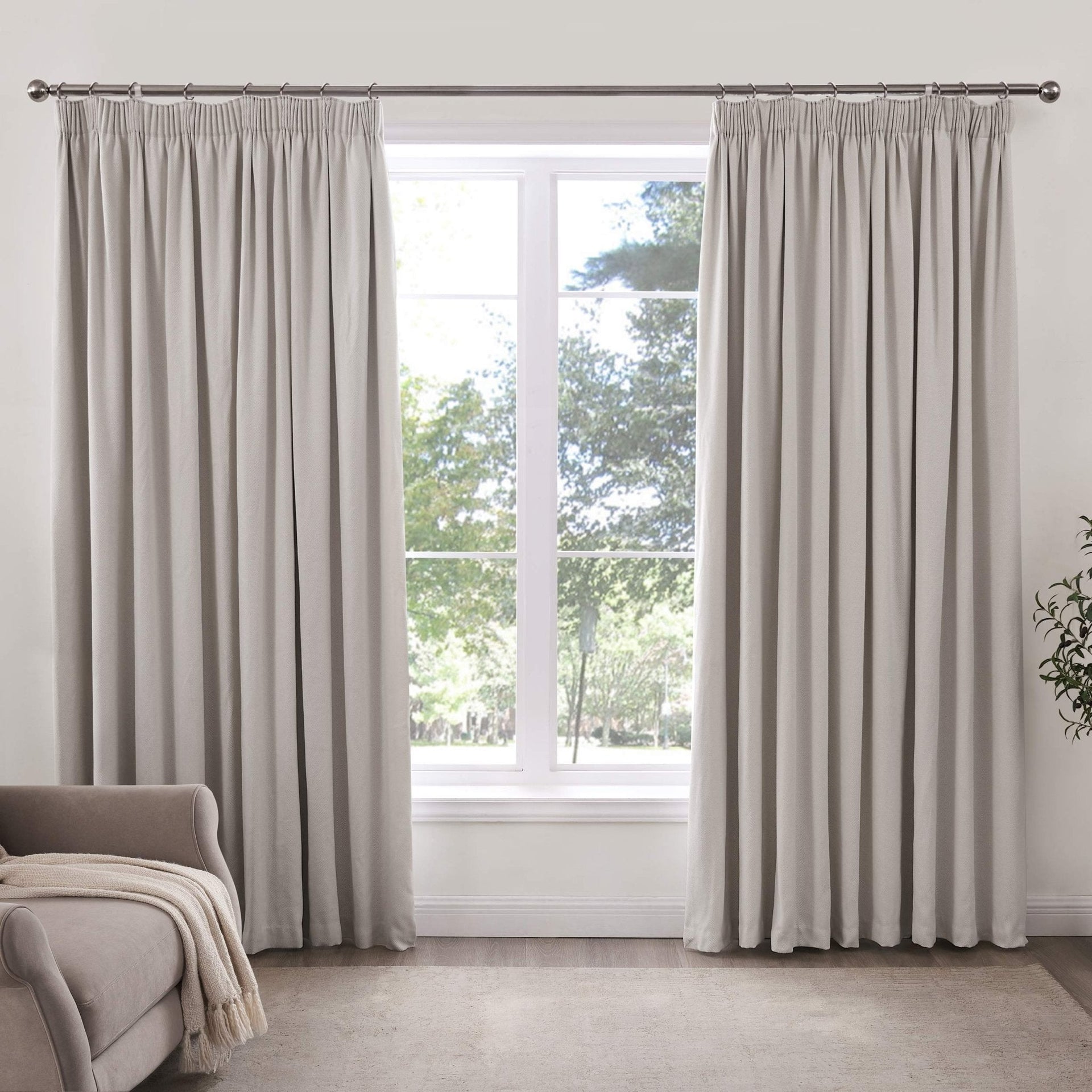 Herringbone Thermal Blackout Pencil Pleat Curtains - Light Grey